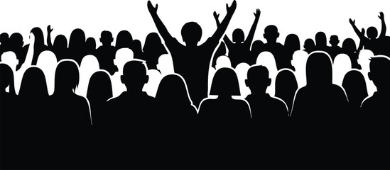 Flat design close up silhouette crowd with central figure raising both arms in celebration at concert rally stage black and white high contrast energetic vector illustration