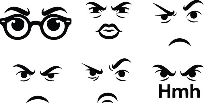 Line art emoticon icon set close up expressive angry skeptical eyes glasses pursed lips various mouth shapes on white background flat vector bold high contrast minimal