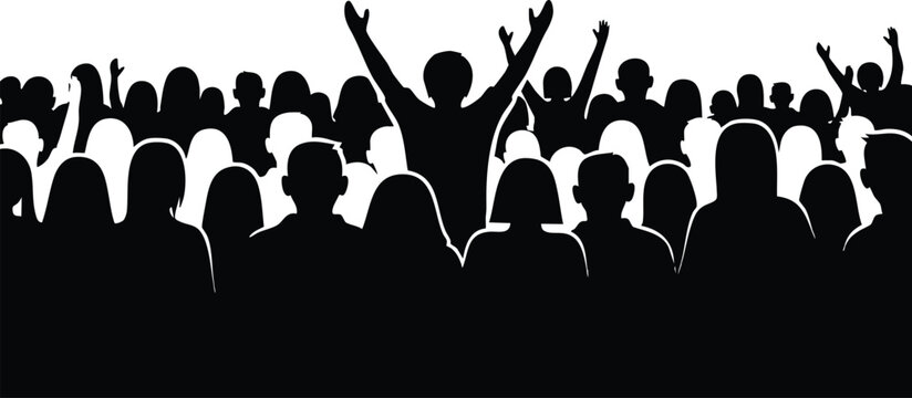 Flat design close up silhouette crowd with central figure raising both arms in celebration at concert rally stage black and white high contrast energetic vector illustration