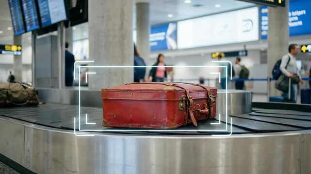 Vintage red suitcase on airport baggage conveyor belt with digital scanning frame overlay representing travel security and tracking