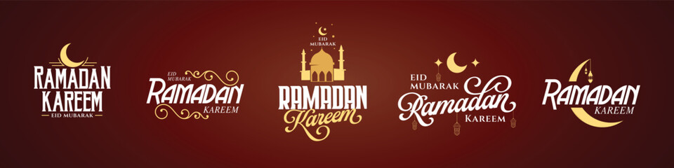 A collection of five unique Ramadan Kareem Mubarak logos featuring various Islamic symbols.