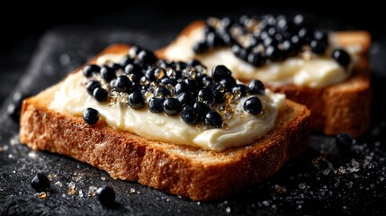 Toast with thick butter layer and scattered caviar pearls, black concrete background, refined imperfection