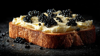 Toast with thick butter layer and scattered caviar pearls, black concrete background, refined imperfection