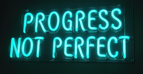 Fototapeta premium Bright neon sign displays motivational phrase. Turquoise glow contrasts dark background. Simple typography emphasizes message. Positive vibes.