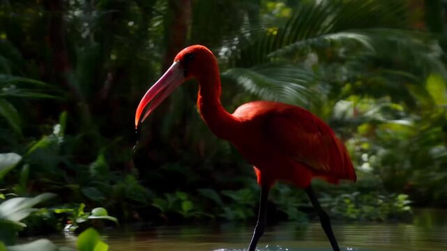 Scarlet ibis feeding in a lush tropical setting during the bright daylight hours