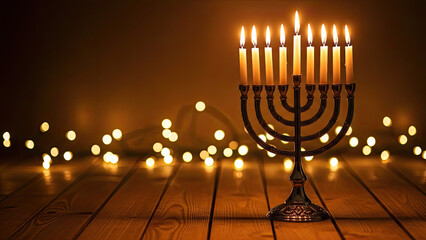 Menorah with lit candles on wooden table during hanukkah