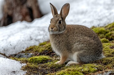 Fototapeta premium A brown wild rabbit with long ears sits attentively on a patch of vibrant green moss next to melting snow on a cool day in its natural habitat.
