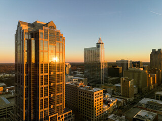 Aerial view of downtown Raleigh NC skyline at sunset