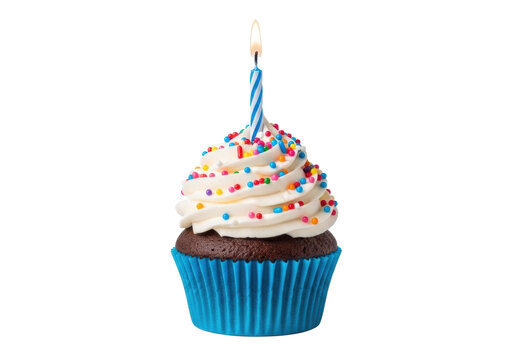 A single, perfectly baked chocolate cupcake with white buttercream, rainbow sprinkles, and a blue & white striped lit birthday candle on a transparent background, close-up. Birthday celebration