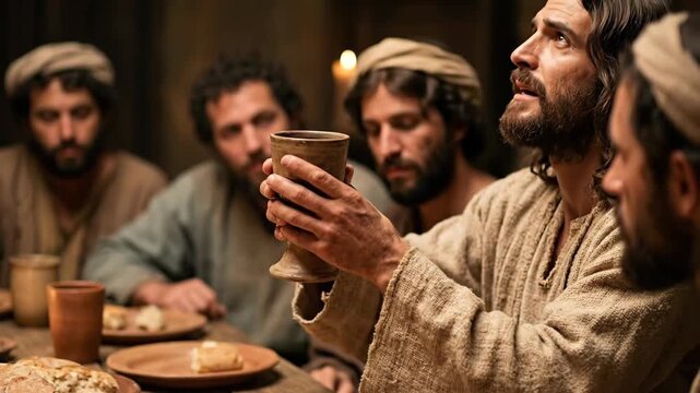 Jesus Christ lifting chalice and breaking bread surrounded by twelve apostles at wooden table during last supper representing institution of eucharist and holy thursday