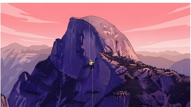 Man rock climbing on mountain at sunset