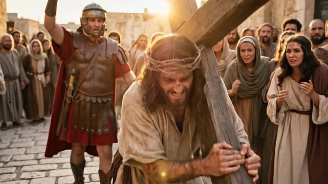 Jesus Christ struggling to carry heavy wooden cross through streets of Jerusalem surrounded by crowd and soldiers depicting via dolorosa and passion of holy week