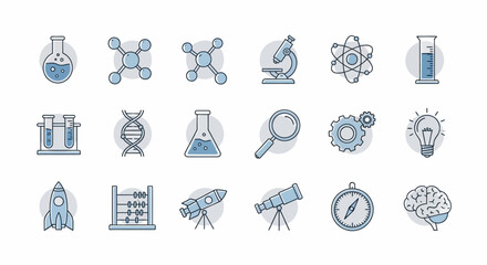 Science and Technology Icons Representing Research and Discovery.