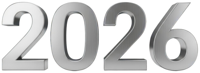 Year 2026 brushed metal silver numbers in flat perspective on transparent background