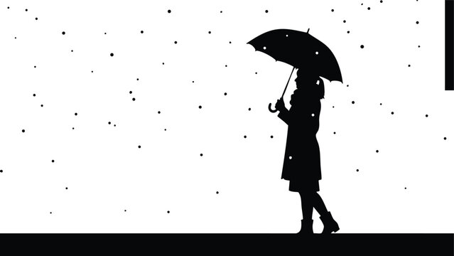 Minimalist silhouette side view woman walking with umbrella in rain platform high contrast black and white vector illustration wearing coat boots low angle urban scene reflection - Powered by Adobe
