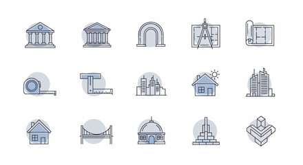 Architectural icons representing various building designs and construction elements.