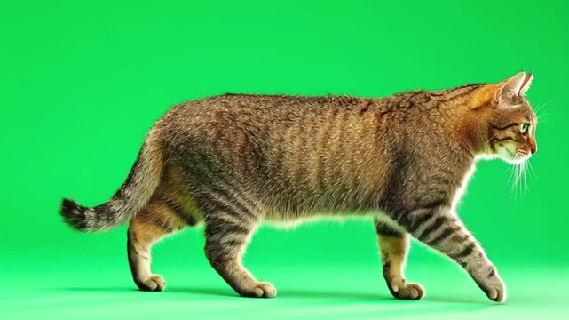 A majestic brown tabby cat with beautiful stripe patterns walks purposefully towards the right on a vivid green background.
