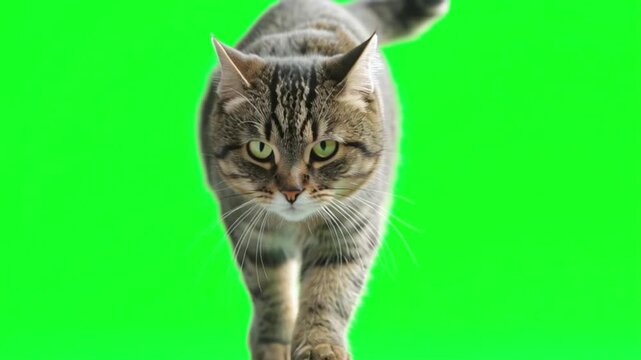 An alert brown tabby cat with bright green eyes walks directly towards the camera on a vibrant green screen.