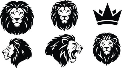 Obraz premium Mascot vector logo set featuring six black and white lion head silhouettes including roaring profile facing left three frontal heads and crown emblem bold high contrast
