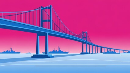 Fototapeta premium Suspension bridge over water with ships