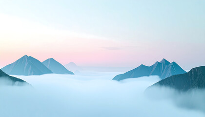 A minimalist digital landscape featuring fog-covered mountain peaks under a soft
