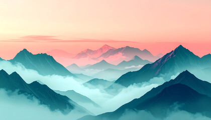 A minimalist digital landscape featuring fog-covered mountain peaks under a soft