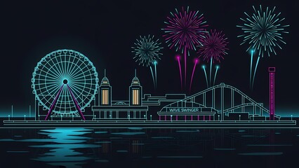 Vibrant amusement park scene with fireworks at night