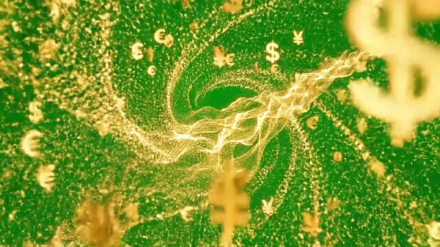Golden particles swirling, glowing on green background, dynamic motion video