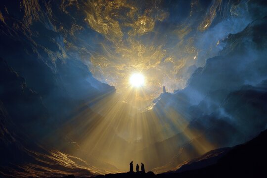 Biblical Scene of Jesus&rsquo; Transfiguration, Glowing Radiance on Mountain and Disciples in Awe