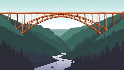 Vibrant orange bridge spanning over lush green mountains