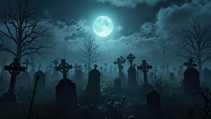 Spooky cemetery night scene with full moon and flying birds