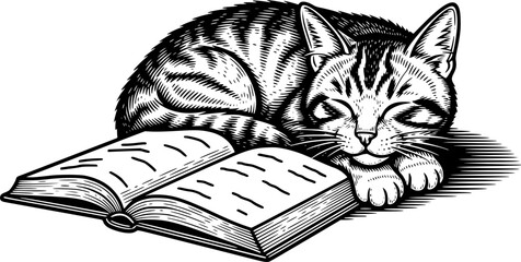 Vintage Style Engraved Illustration of a Sleeping Cat with Book
