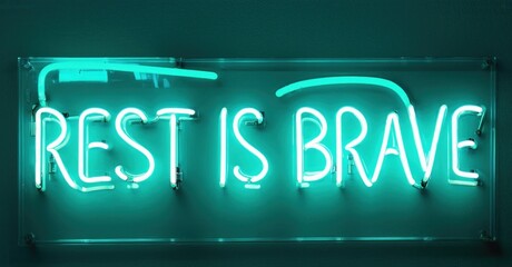 Bright turquoise neon sign displays text Rest Is Brave. Dark background emphasizes glowing lettering, simple rectangular shape. Positive message.