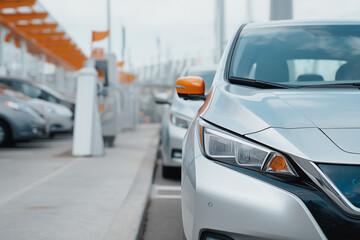 Naklejka premium Electric vehicle concept, car charging at modern station, clean transportation