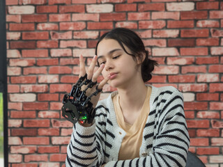 Student young girl smile think show idea development project education learning technology digital wire code proram control robot arm innovation lesson engineer science in laboratory classroom school