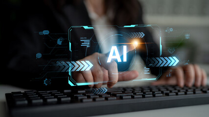 Concept of advanced Artificial Intelligence technology. A futuristic heads-up display shows the core system processing data, representing machine learning and complex analysis. Fermion