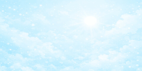 Fototapeta premium Abstract blue background with white clouds, bright sun, and clear sky, conveying a sunny summer day