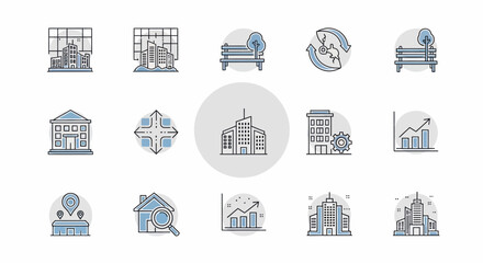 Illustrative depiction of various architectural structures and buildings in a city.