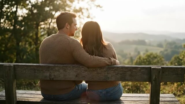 Couple bench embracing sunset overlooking countryside landscape, warm peaceful affectionate moment