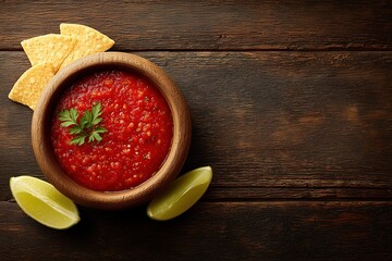 bowl of salsa with tortilla chips and lime
