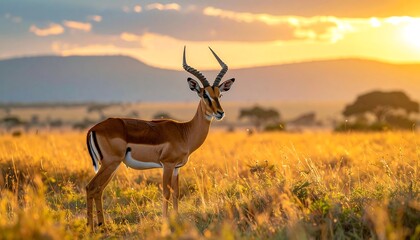 Fototapeta premium An antelope stands in tall, golden savanna grass as the sun sets, casting warm light on the scene, with mountains in the distance