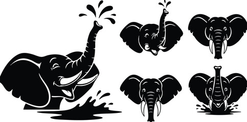 Silhouette vector icon set of playful elephants with raised trunk splashing water smiling side view frontal close up profile bold line art minimal black shapes isolated