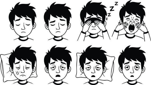Line art character sheet of tired boy showing multiple sleepy expressions yawning rubbing eyes on pillow close up black and white vector illustration front facing emotive