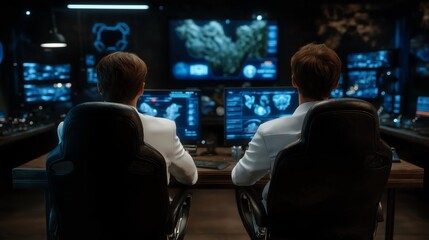 scientists monitoring quantum data visualizations in high tech control room