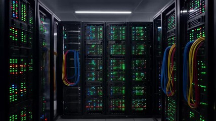 Tour of a server room in a technology facility with various blinking lights and equipment set up for data processing - Powered by Adobe