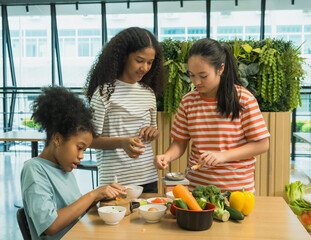 Group three children prepare healthy meal together in bright, modern kitchen. Surrounded fresh vegetable like bell pepper broccoli carrot engage in fun and education cook activity. creating vibrant