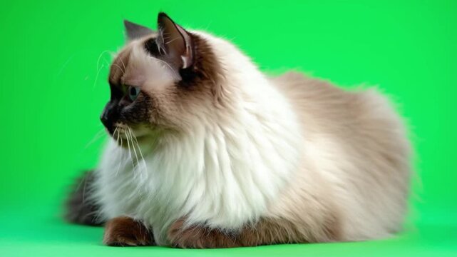 A beautiful fluffy Ragdoll cat with stunning blue eyes lies comfortably looking directly at the camera on a green screen.