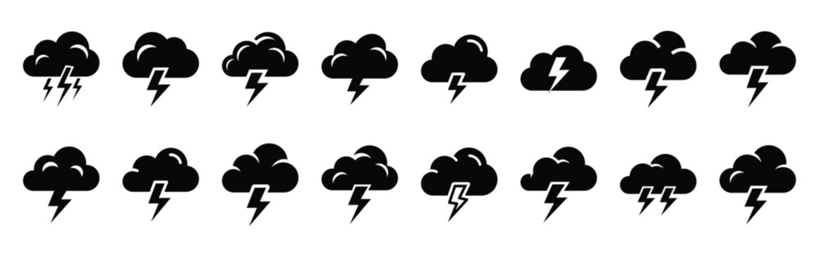 lightning cloud silhouette icon set
