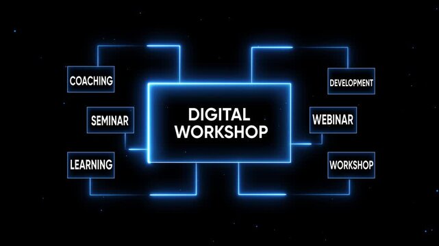 Digital Workshop Concept with Glowing Blue Lines and Keywords online learning e-learning - Powered by Adobe