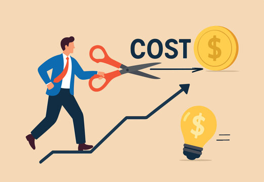 Cost reduction, cut expense to increase profit, improve business profitability by reduce spending, decrease investment fees, businessman using scissors to cut heavy cost burden and let profit run.